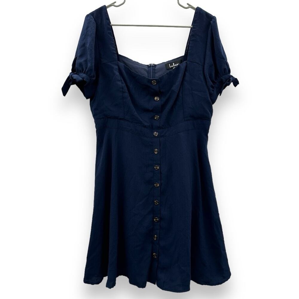 Lulus Chances Are Navy Blue Short Sleeve Button-Front Skater Dress Sz XL - Picture 2 of 12